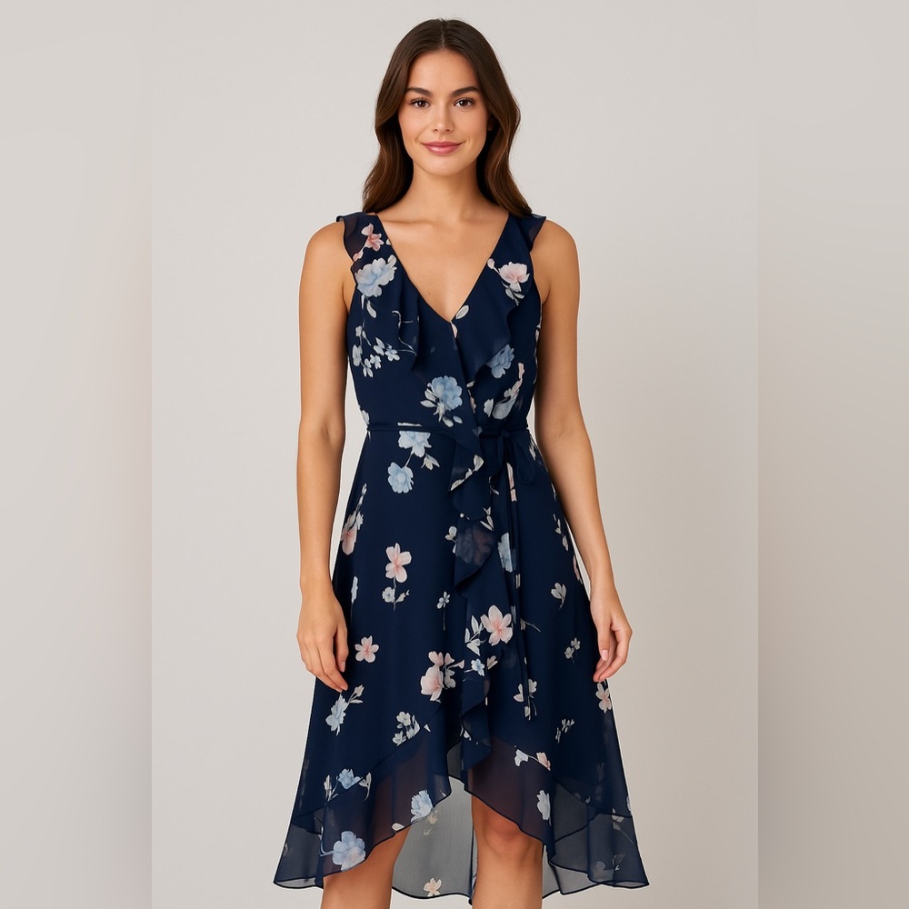 Premier Amour Navy Blue Floral Ruffle Asymmetrical Hem Dress Size 8